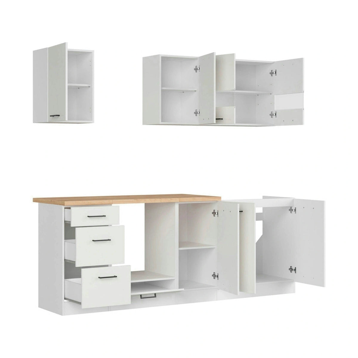 Set bucatarie JUNONA LINE, alb lucios, PAL, 220 cm, cu blat stejar artisan