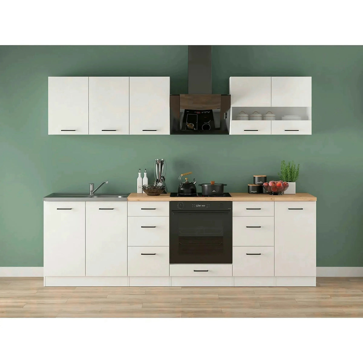 Set bucatarie JUNONA LINE, alb lucios, PAL, 260 cm, cu blat stejar artisan