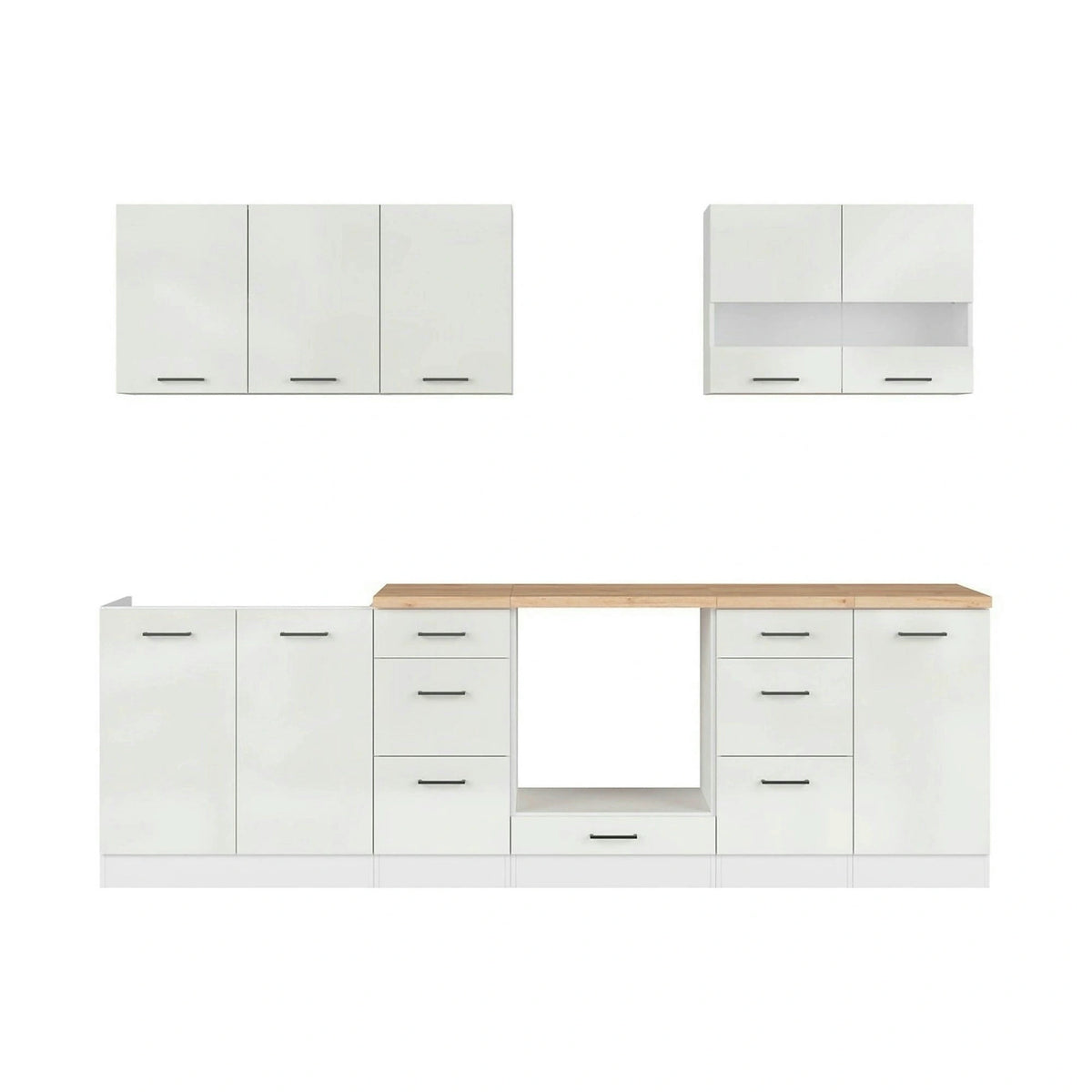 Set bucatarie JUNONA LINE, alb lucios, PAL, 260 cm, cu blat stejar artisan