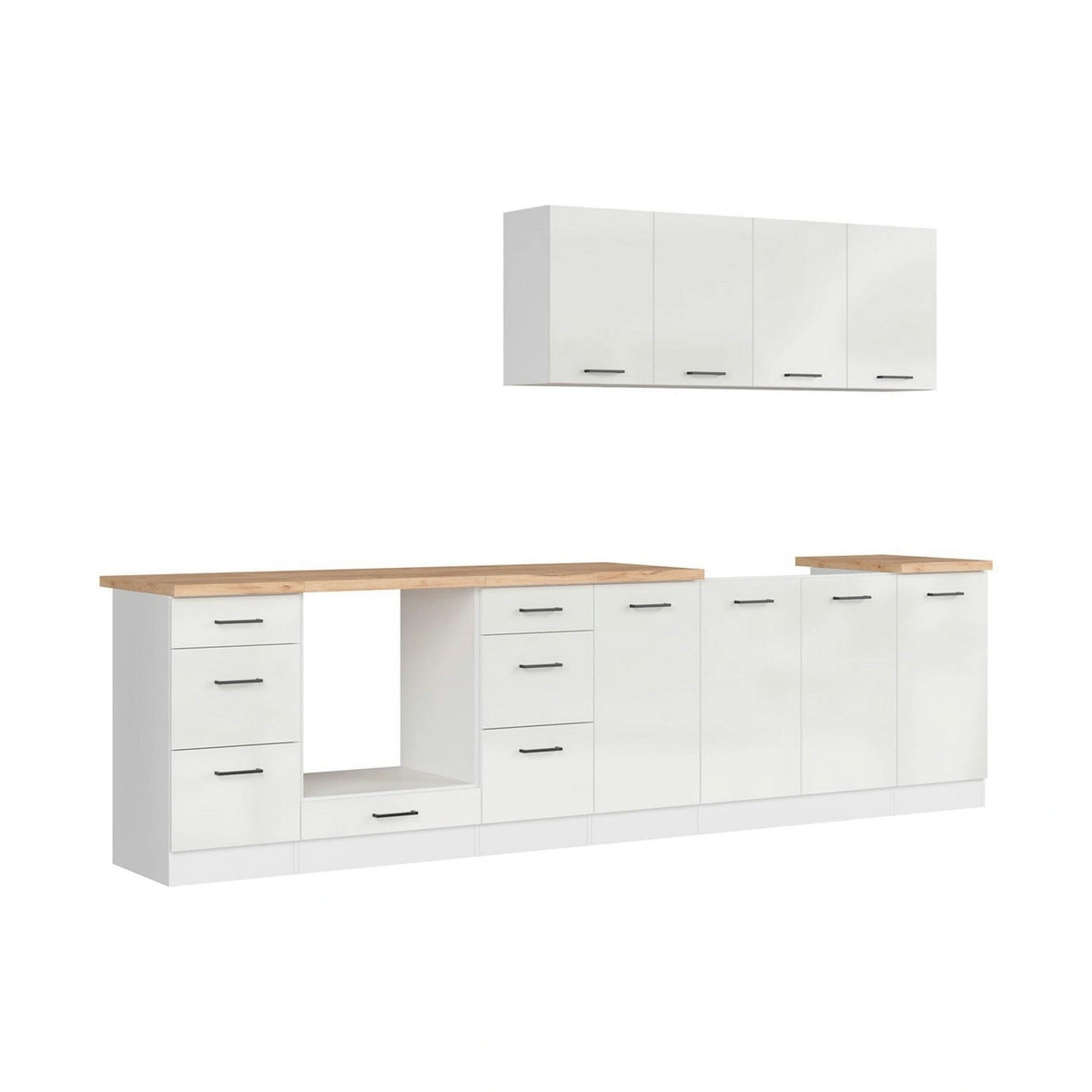 Set bucatarie JUNONA LINE, alb lucios, PAL, 300 cm, cu blat stejar artisan