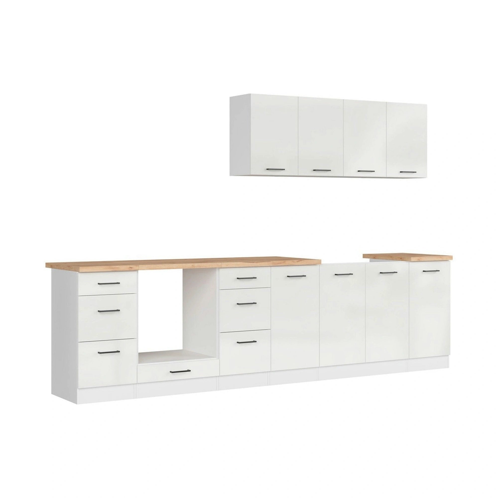 Set bucatarie JUNONA LINE, alb lucios, PAL, 300 cm, cu blat stejar artisan