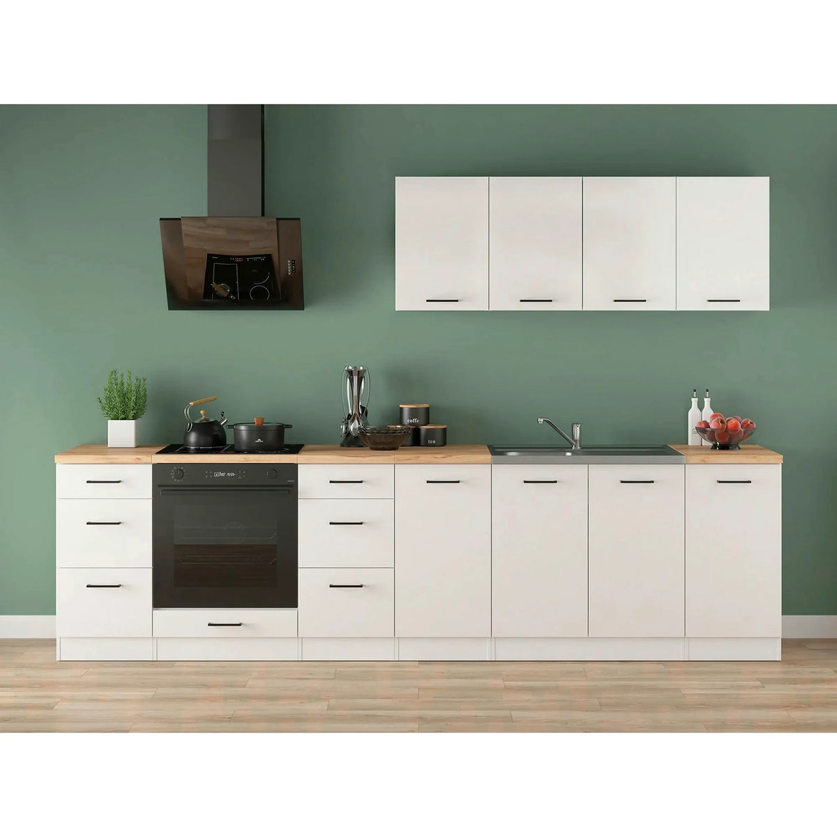 Set bucatarie JUNONA LINE, alb lucios, PAL, 300 cm, cu blat stejar artisan