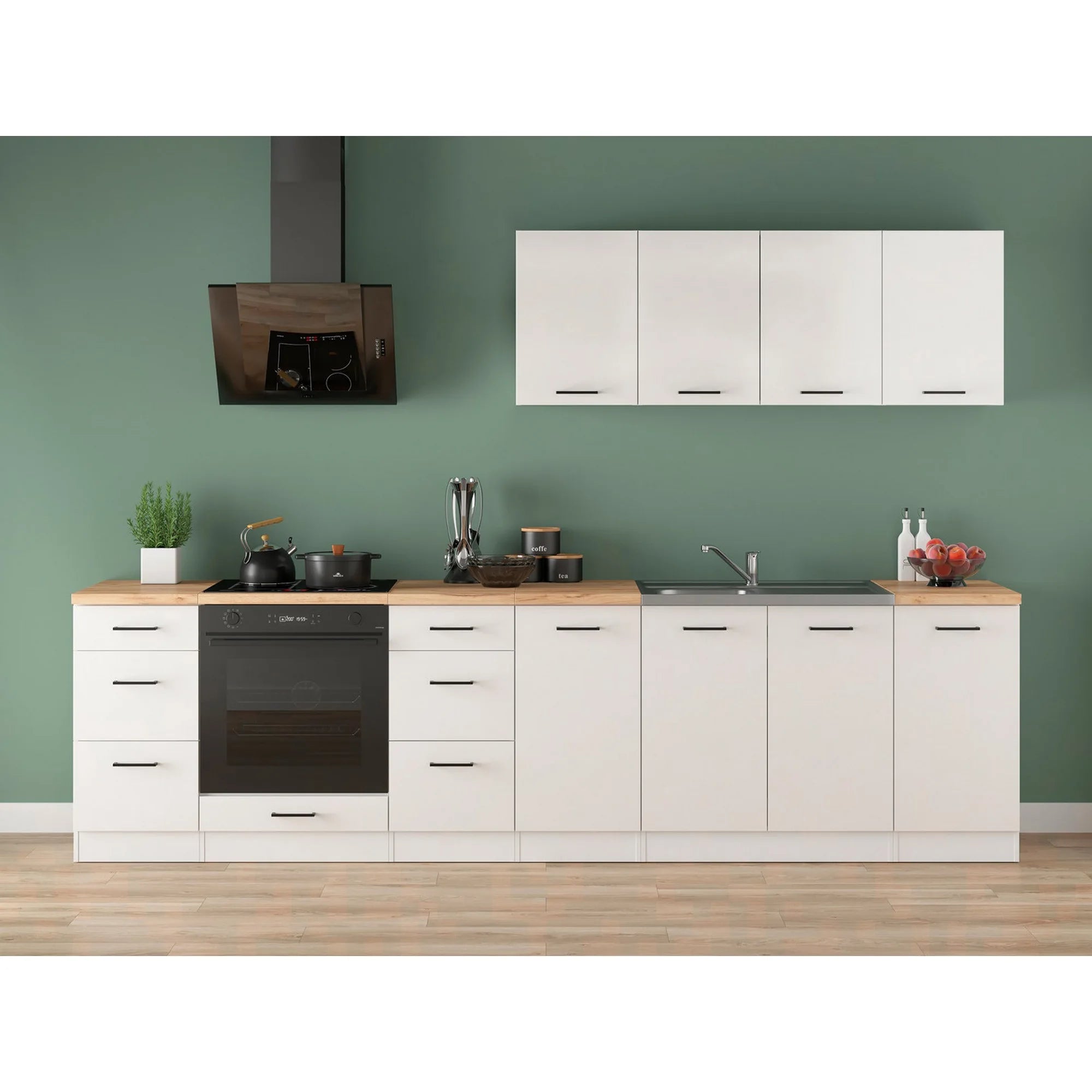 Set bucatarie JUNONA LINE, alb lucios, PAL, 300 cm, cu blat stejar artisan