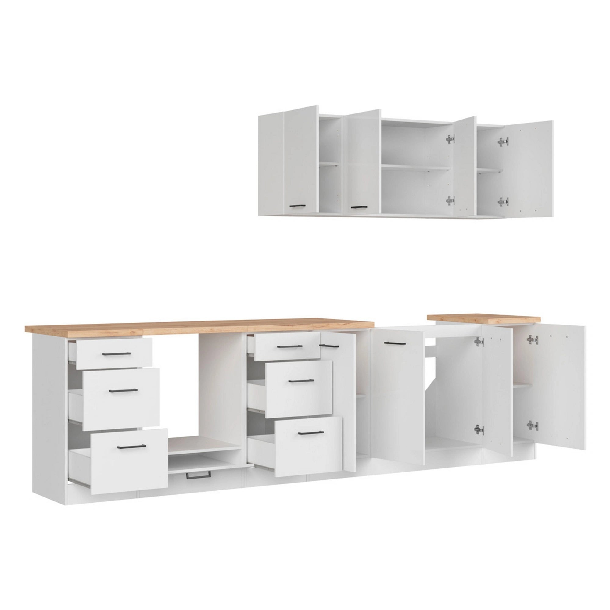 Set bucatarie JUNONA LINE, alb lucios, PAL, 300 cm, cu blat stejar artisan