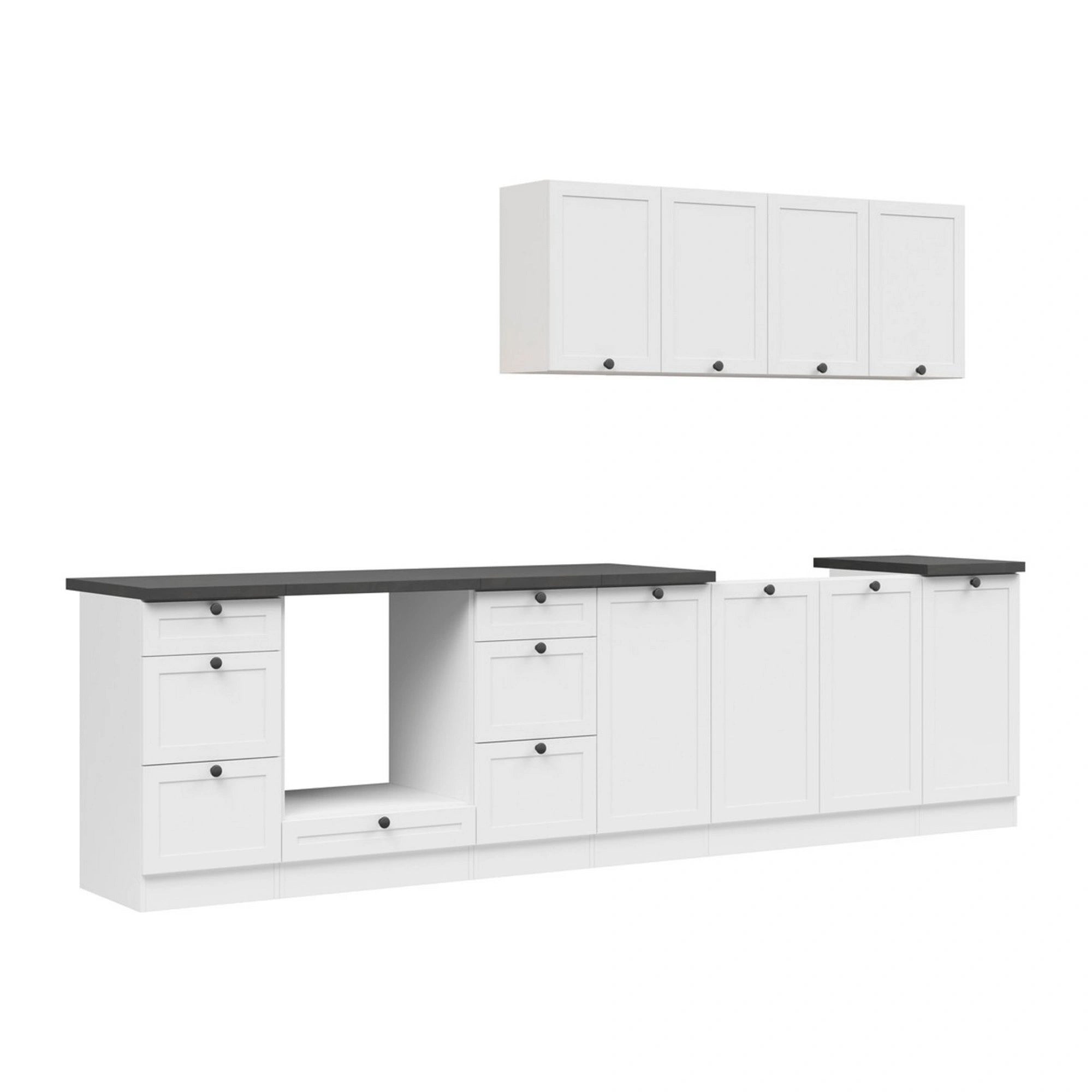 Set bucatarie JUNONA LINE, alb, PAL, 300 cm, cu blat negru