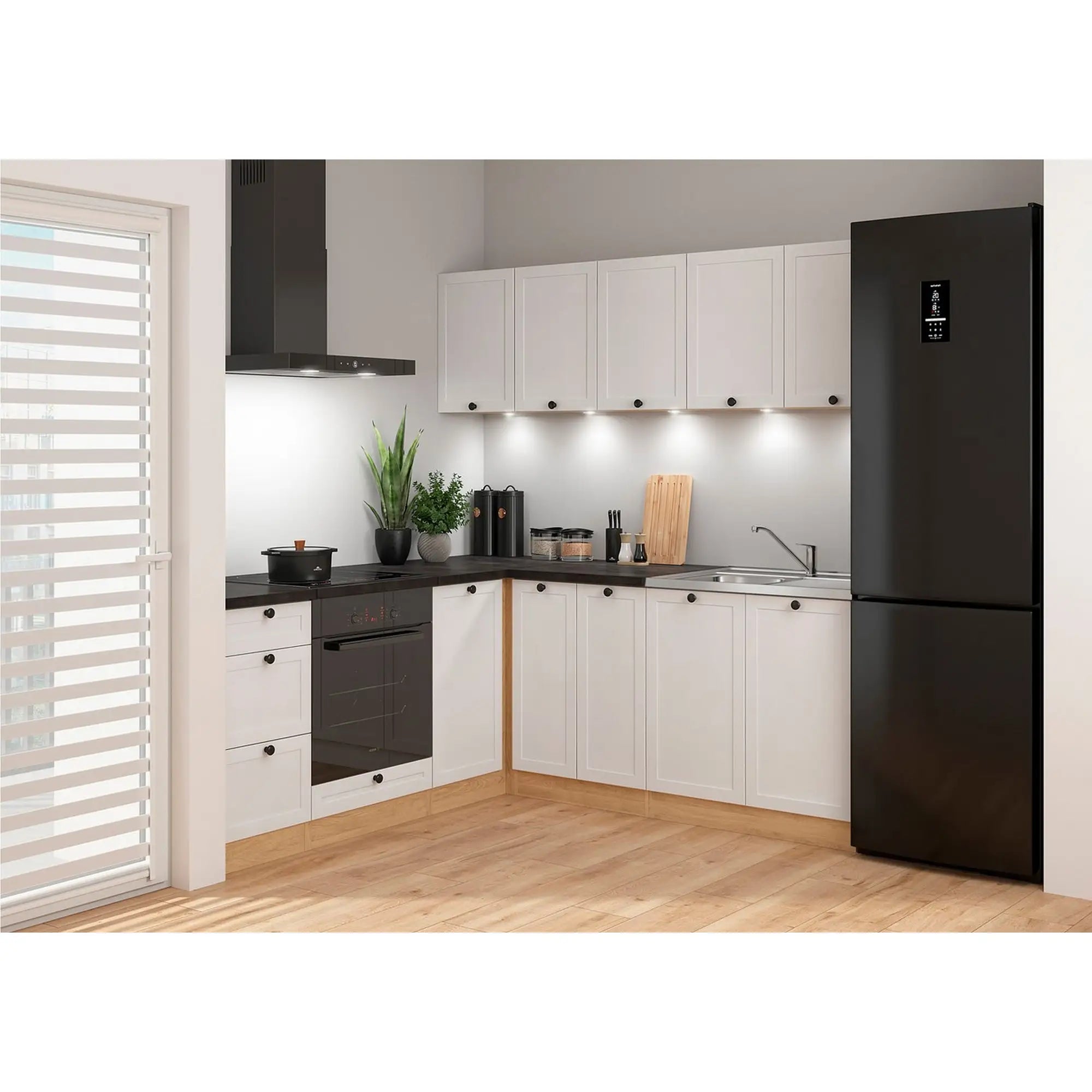 Set bucatarie JUNONA LINE, alb/stejar, PAL, 200x200 cm, cu blat negru