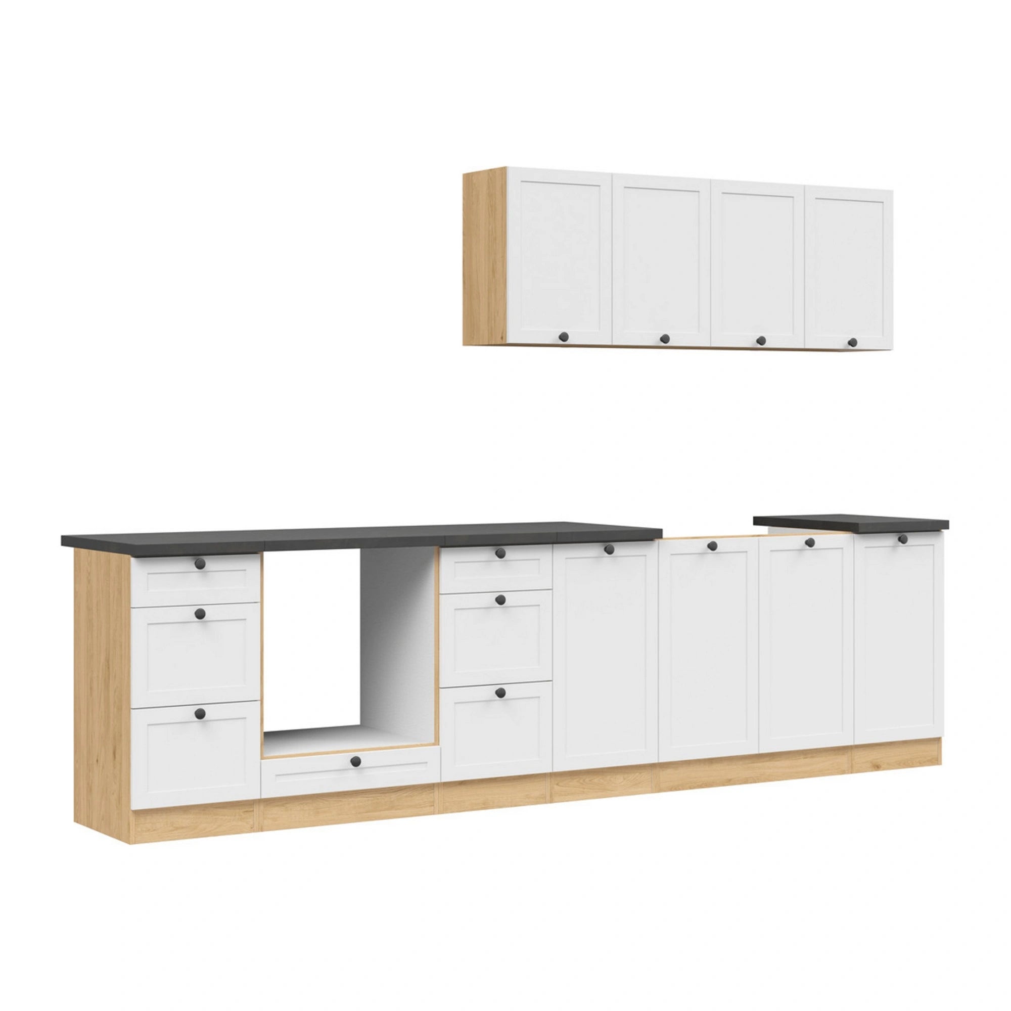 Set bucatarie JUNONA LINE, alb/stejar, PAL, 300 cm, cu blat negru