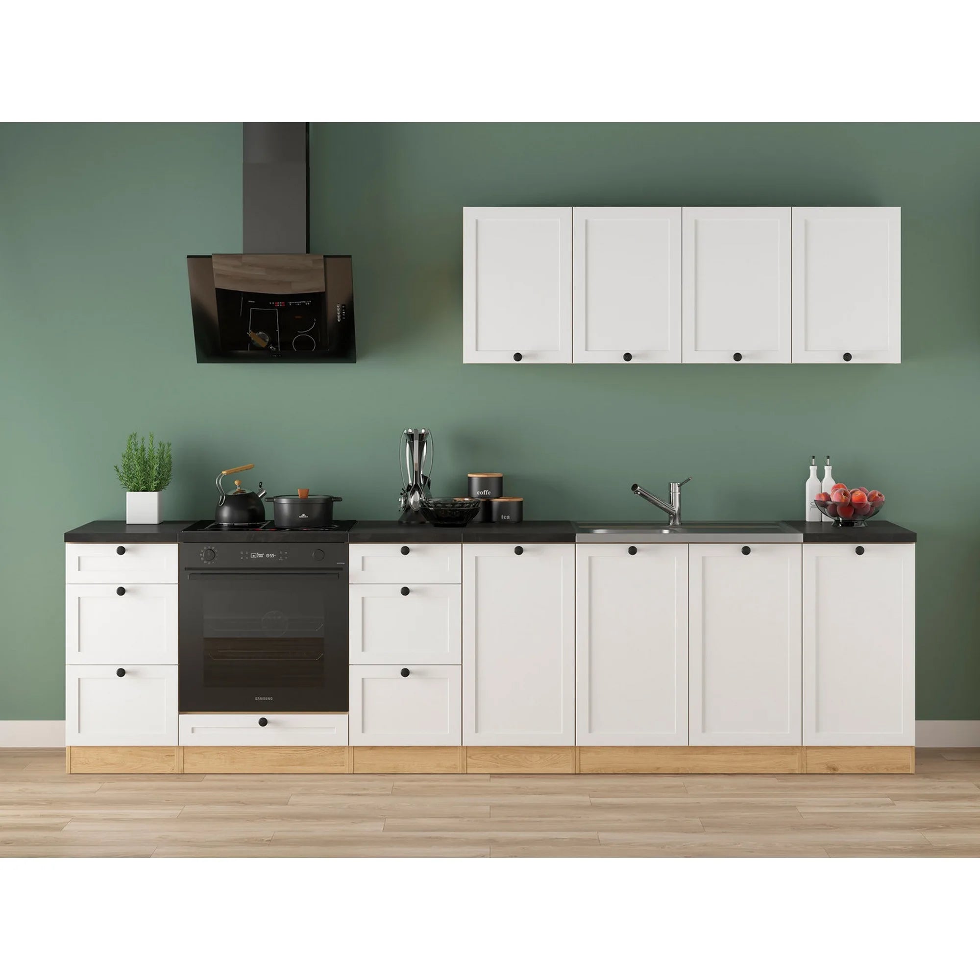 Set bucatarie JUNONA LINE, alb/stejar, PAL, 300 cm, cu blat negru