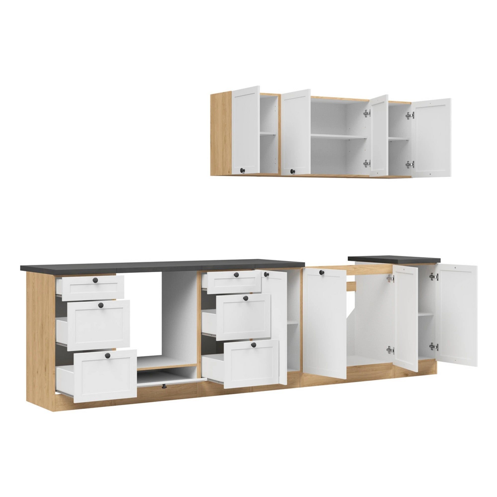 Set bucatarie JUNONA LINE, alb/stejar, PAL, 300 cm, cu blat negru