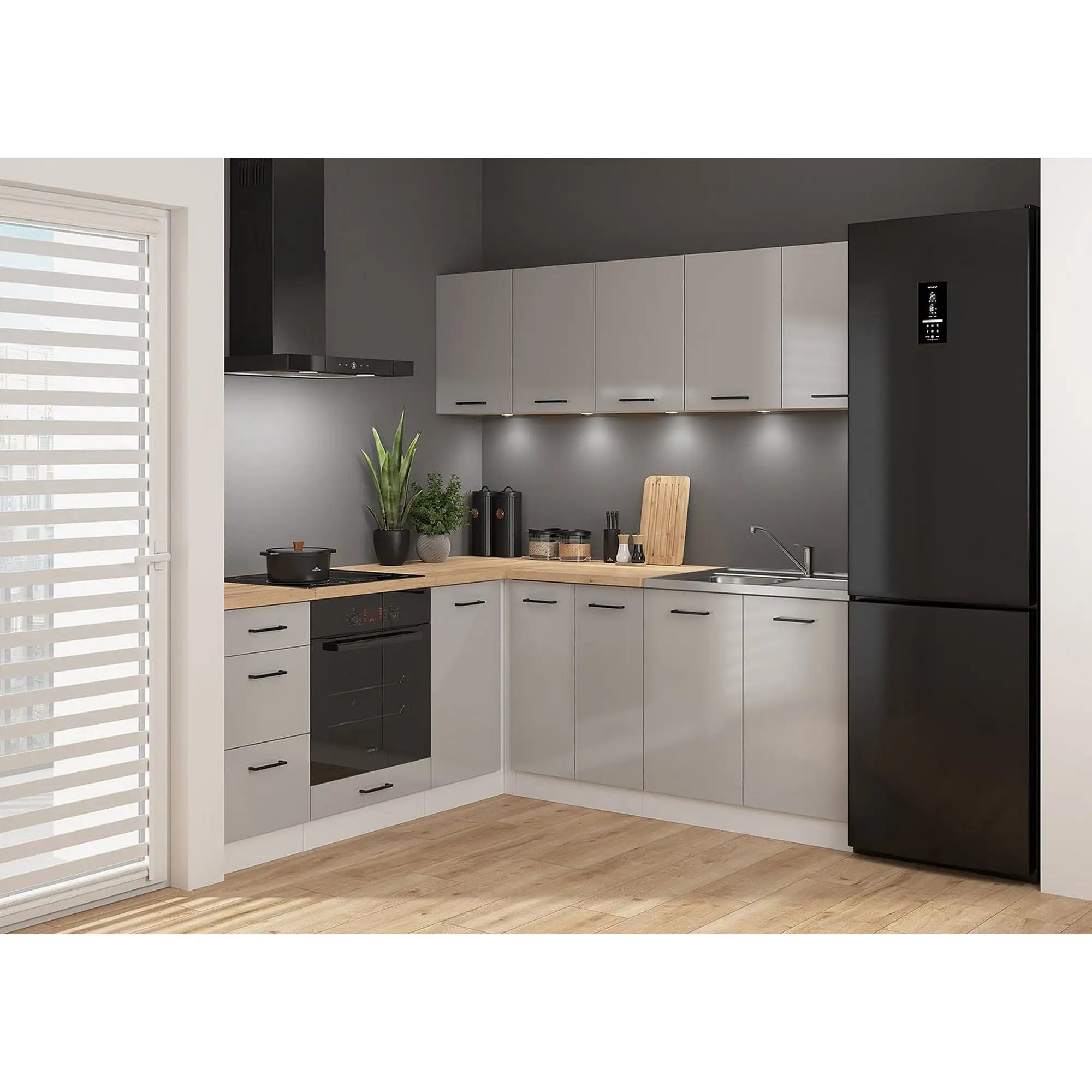 Set bucatarie JUNONA LINE, gri deschis/alb, PAL, 200x200 cm, cu blat stejar artisan