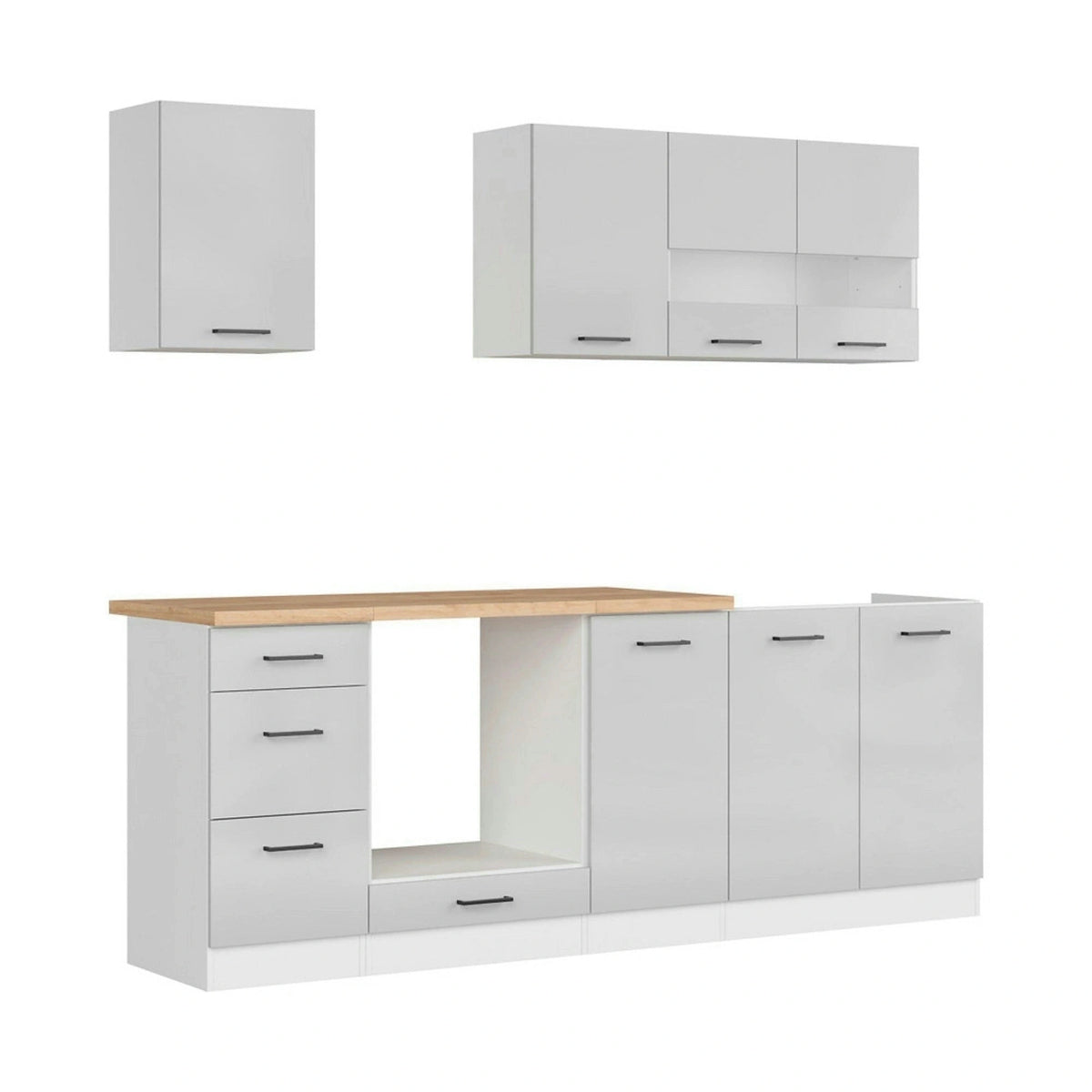 Set bucatarie JUNONA LINE, gri deschis/alb, PAL, 220 cm, cu blat stejar artisan