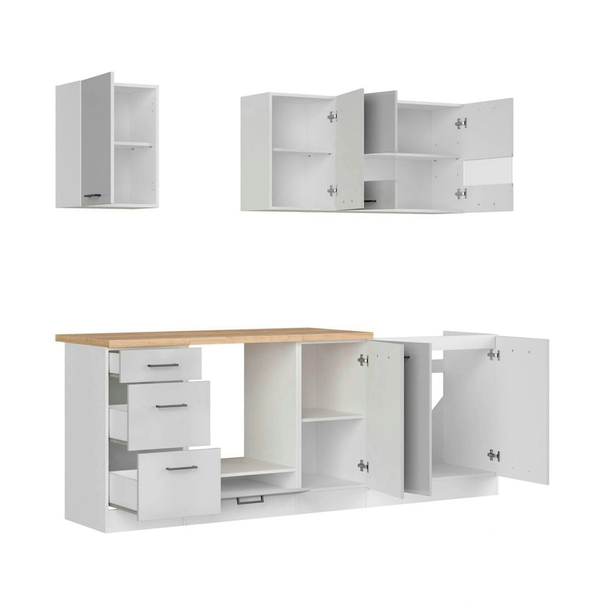 Set bucatarie JUNONA LINE, gri deschis/alb, PAL, 220 cm, cu blat stejar artisan