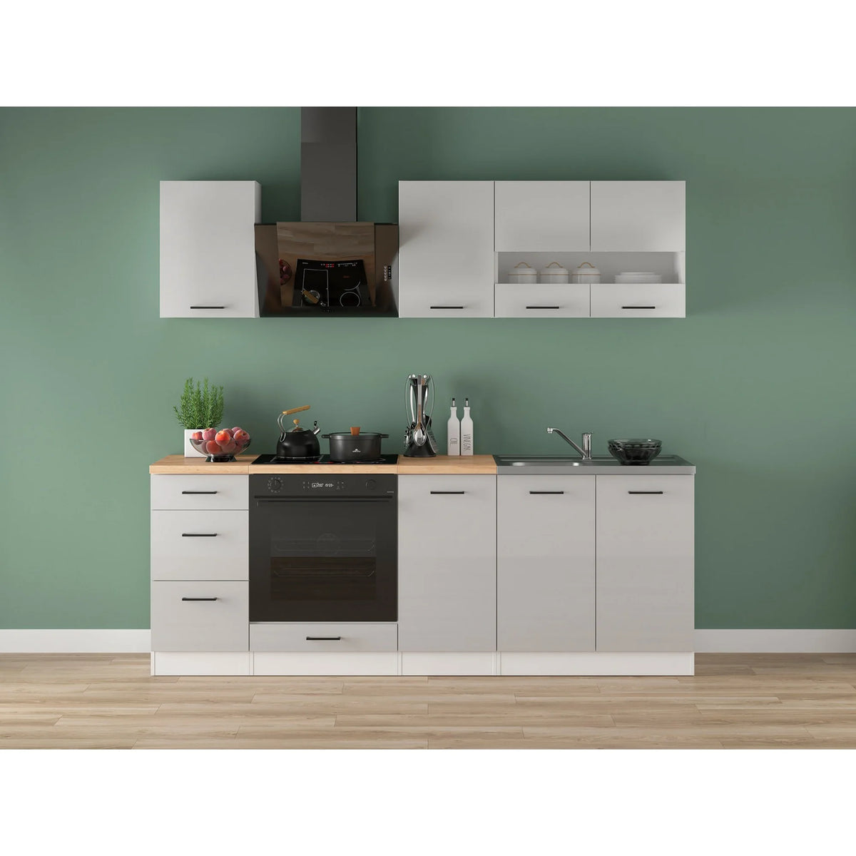 Set bucatarie JUNONA LINE, gri deschis/alb, PAL, 220 cm, cu blat stejar artisan
