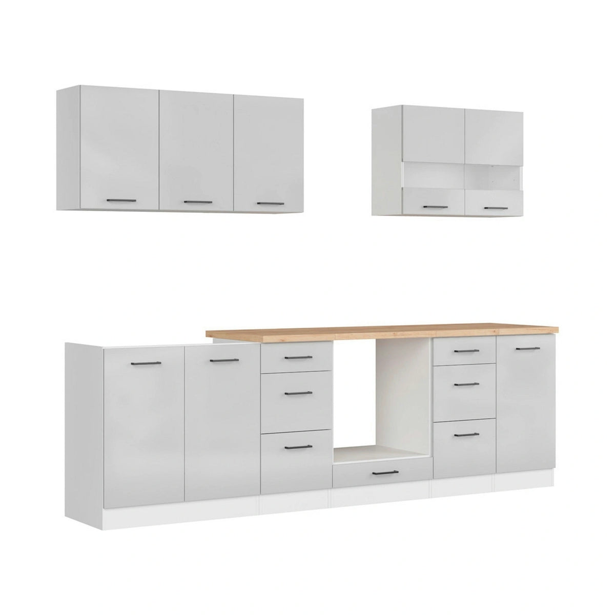 Set bucatarie JUNONA LINE, gri deschis/alb, PAL, 260 cm, cu blat stejar