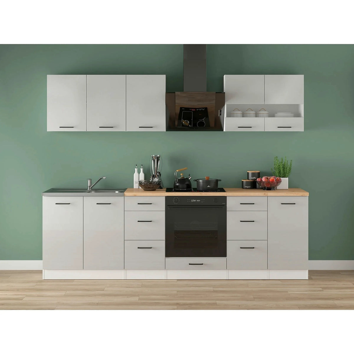 Set bucatarie JUNONA LINE, gri deschis/alb, PAL, 260 cm, cu blat stejar