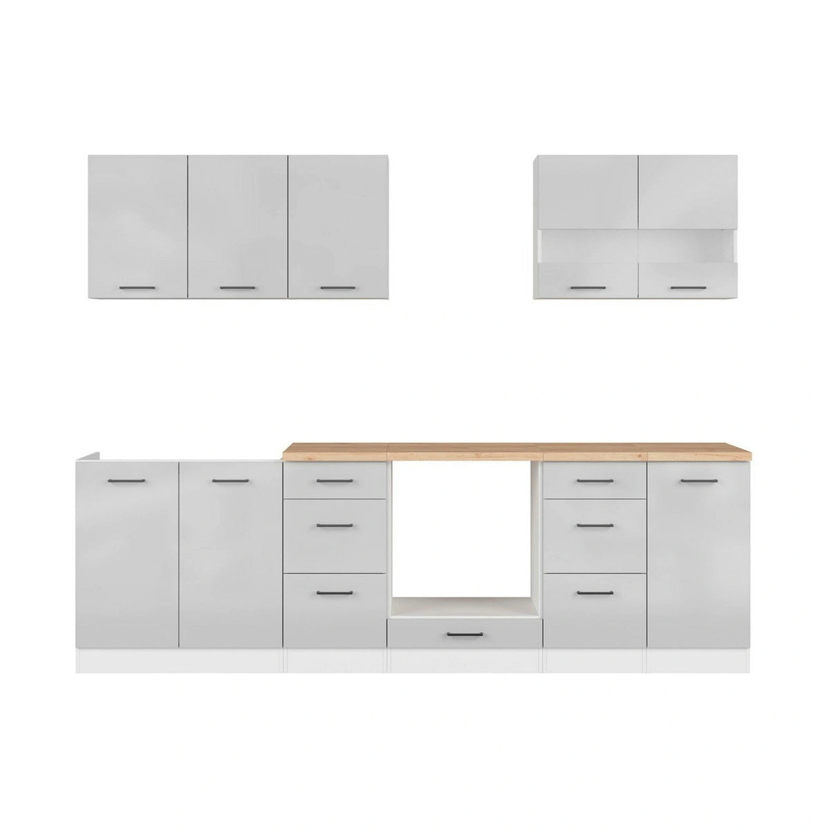 Set bucatarie JUNONA LINE, gri deschis/alb, PAL, 260 cm, cu blat stejar