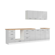 Set bucatarie JUNONA LINE, gri deschis/alb, PAL, 300 cm, cu blat stejar artisan
