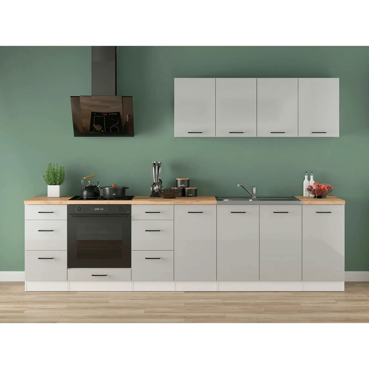 Set bucatarie JUNONA LINE, gri deschis/alb, PAL, 300 cm, cu blat stejar artisan