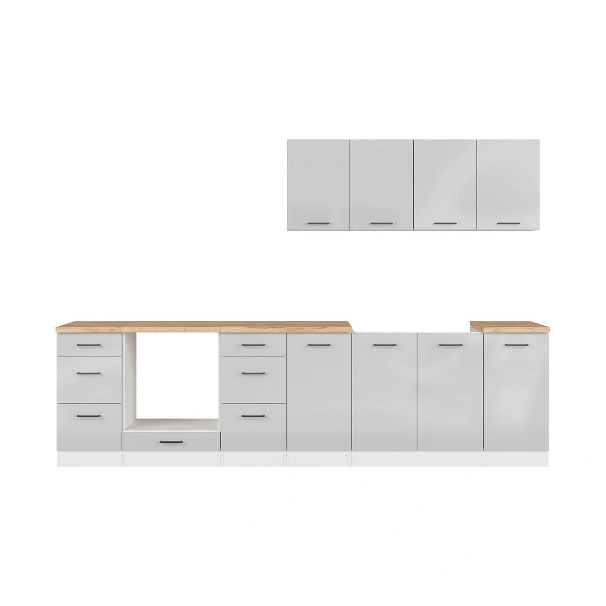 Set bucatarie JUNONA LINE, gri deschis/alb, PAL, 300 cm, cu blat stejar artisan