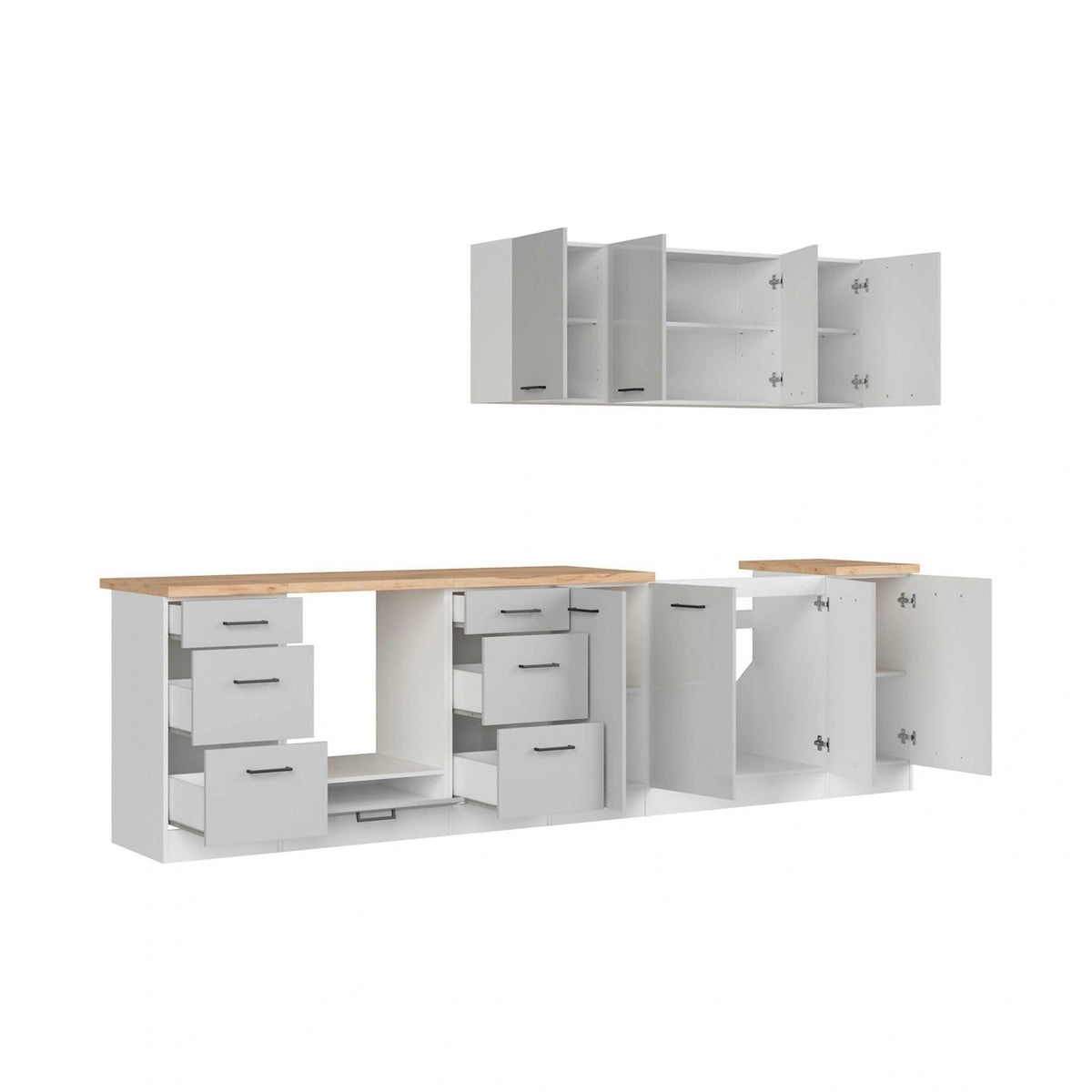 Set bucatarie JUNONA LINE, gri deschis/alb, PAL, 300 cm, cu blat stejar artisan