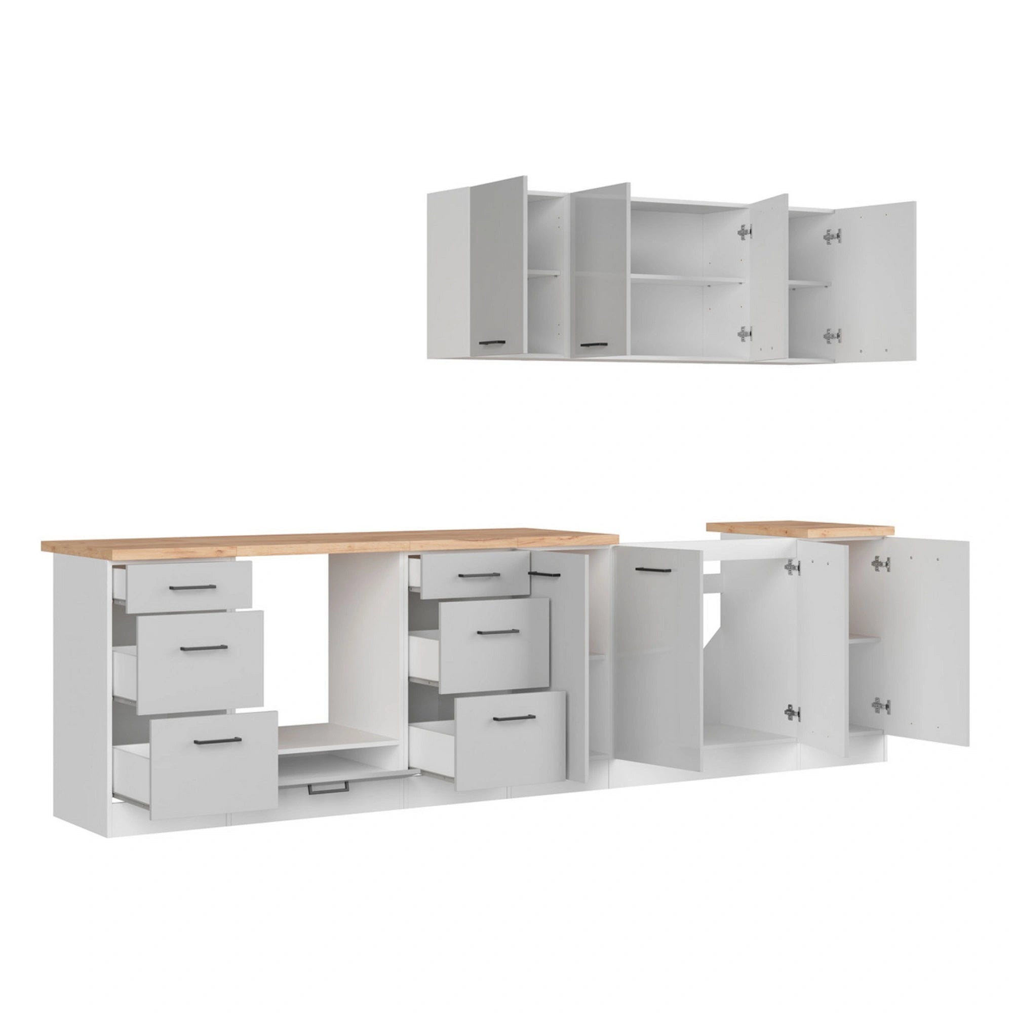 Set bucatarie JUNONA LINE, gri deschis/alb, PAL, 300 cm, cu blat stejar artisan