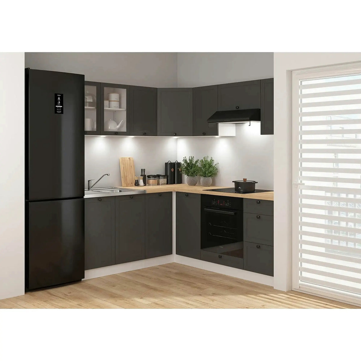 Set bucatarie JUNONA LINE, gri grafit/alb, PAL, 180x200 cm, cu blat stejar artisan