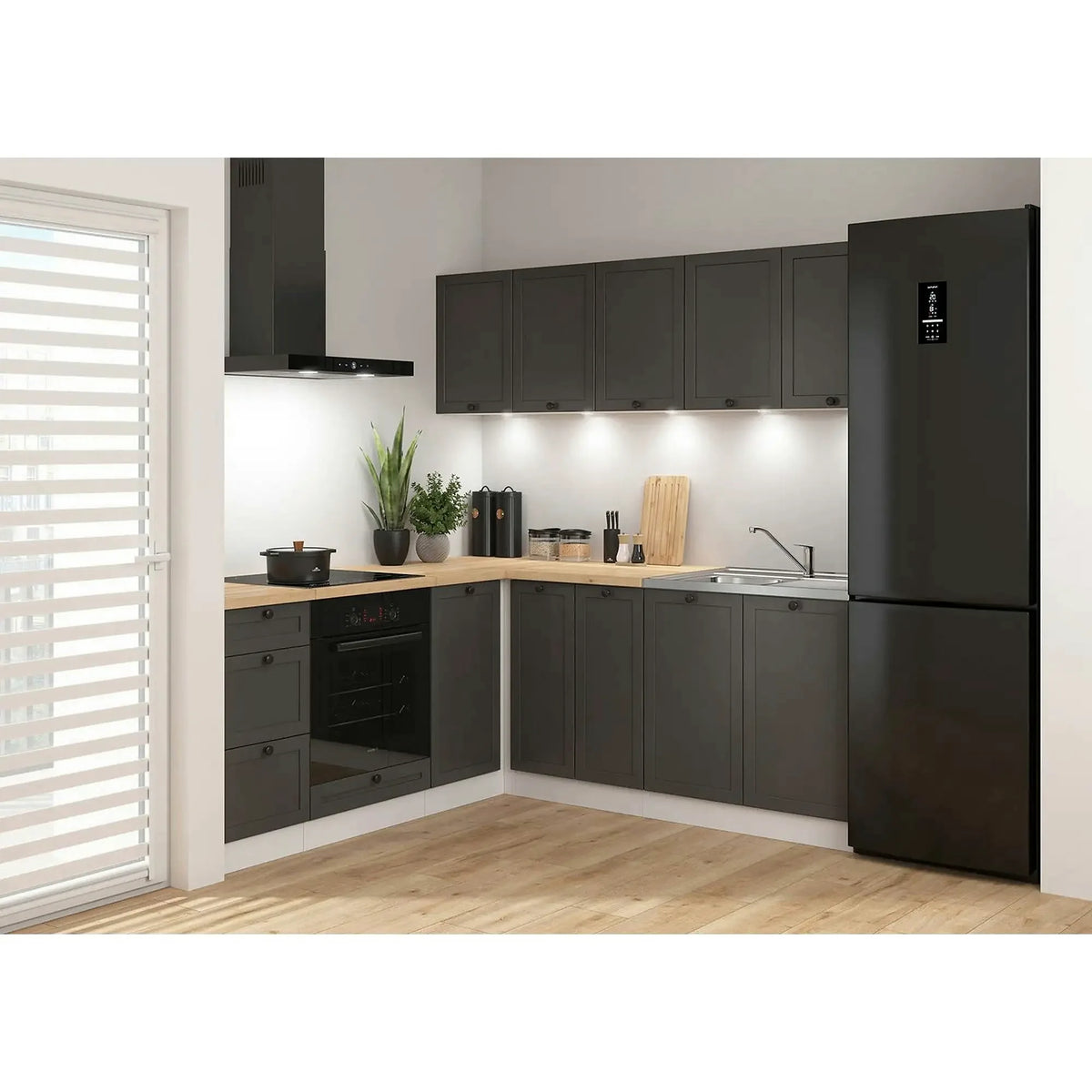 Set bucatarie JUNONA LINE, gri grafit/alb, PAL, 200x200 cm, cu blat stejar artisan