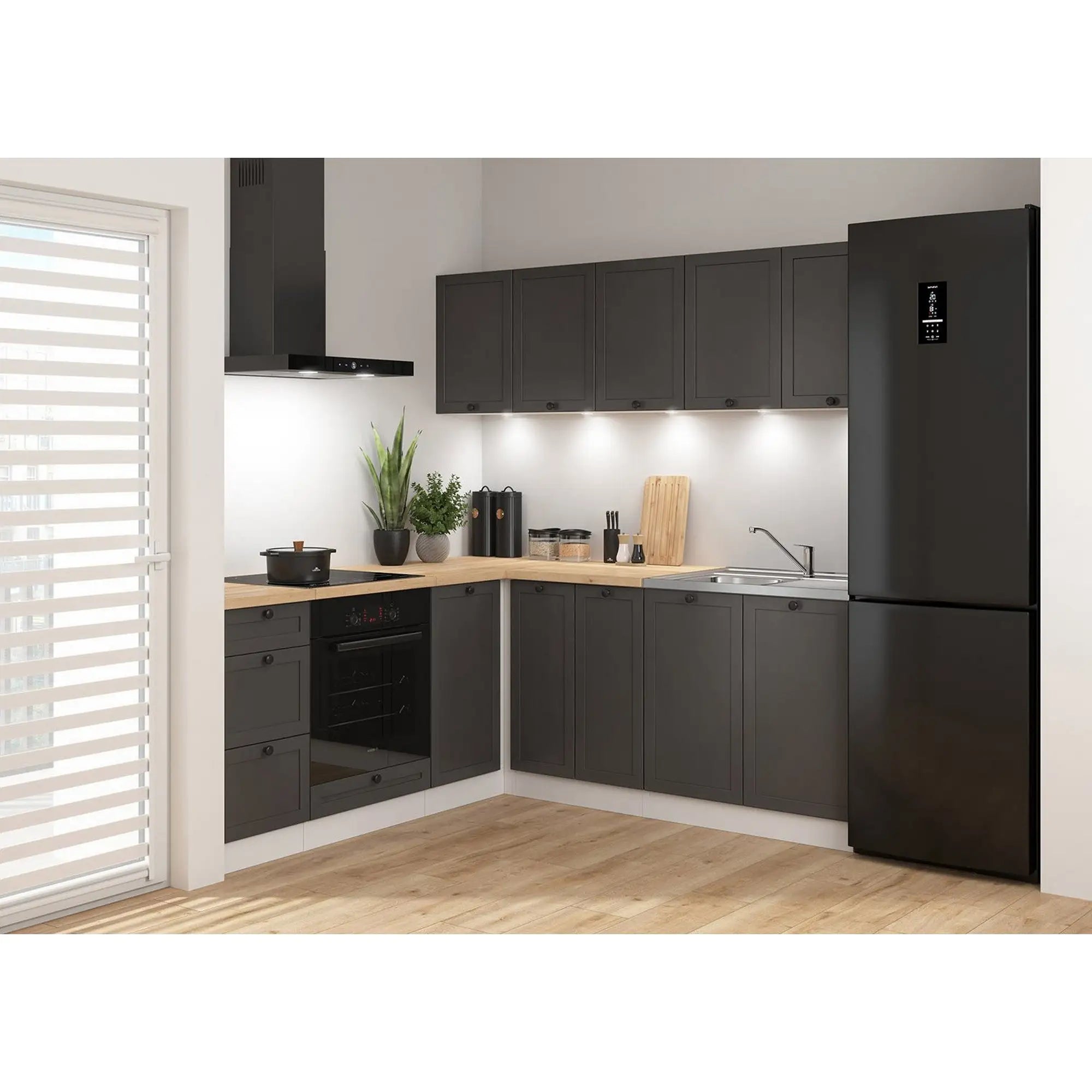 Set bucatarie JUNONA LINE, gri grafit/alb, PAL, 200x200 cm, cu blat stejar artisan