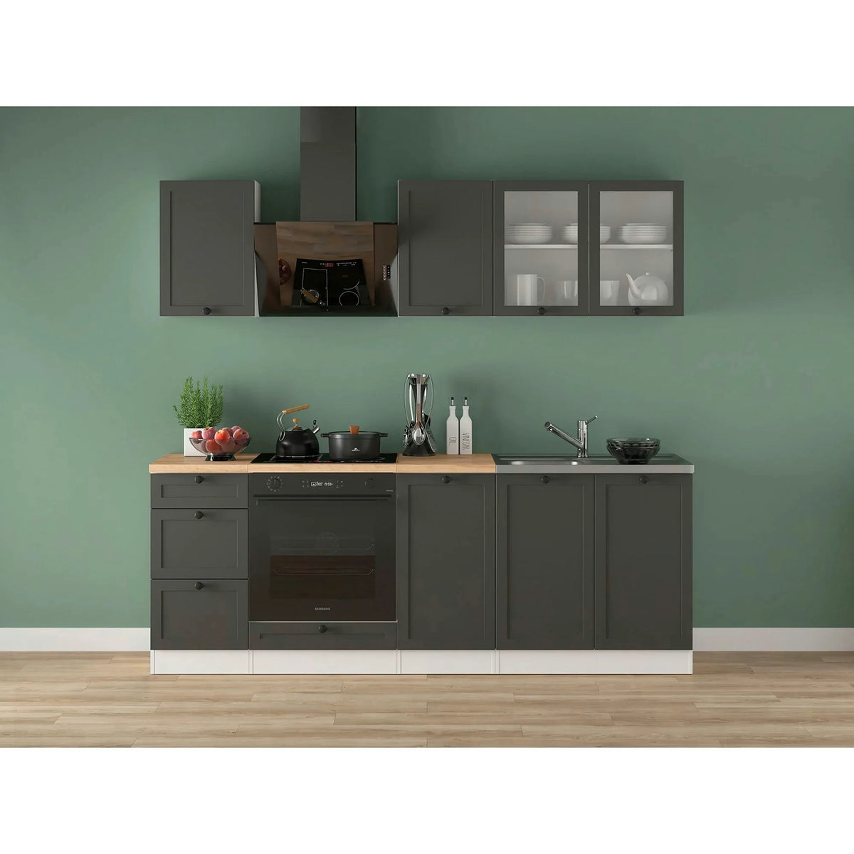 Set bucatarie JUNONA LINE, gri grafit/alb, PAL, 220 cm, cu blat stejar artisan