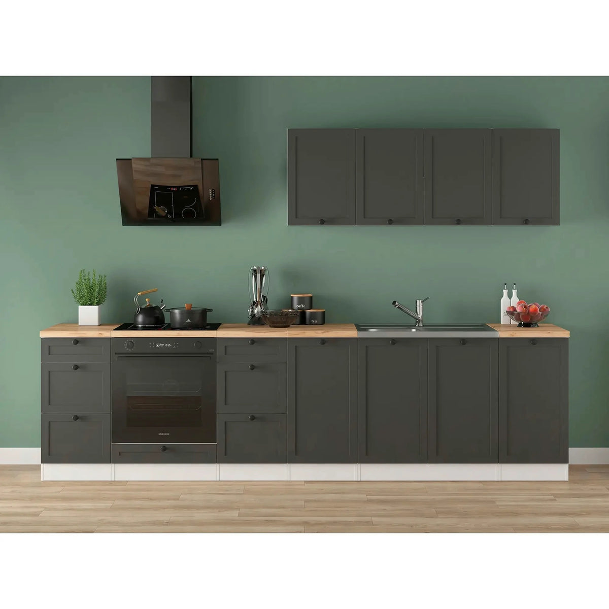 Set bucatarie JUNONA LINE, gri grafit/alb, PAL, 300 cm, cu blat stejar artisan