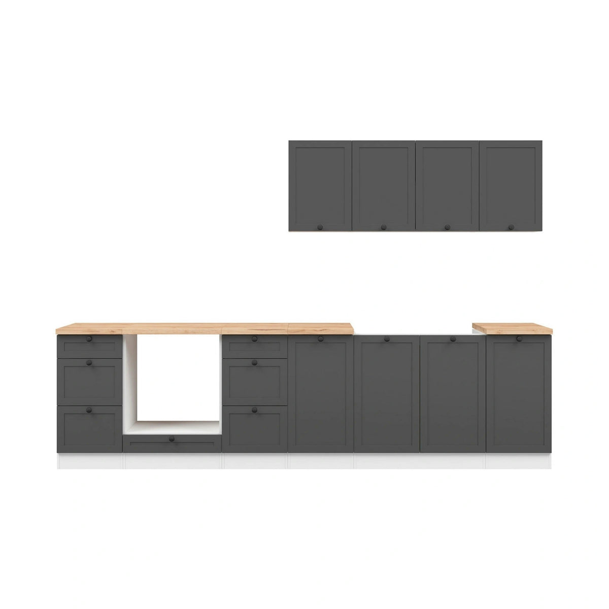 Set bucatarie JUNONA LINE, gri grafit/alb, PAL, 300 cm, cu blat stejar artisan