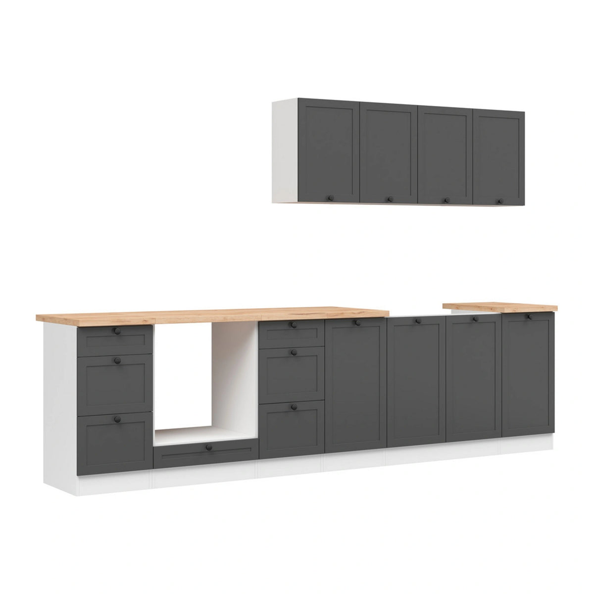 Set bucatarie JUNONA LINE, gri grafit/alb, PAL, 300 cm, cu blat stejar artisan