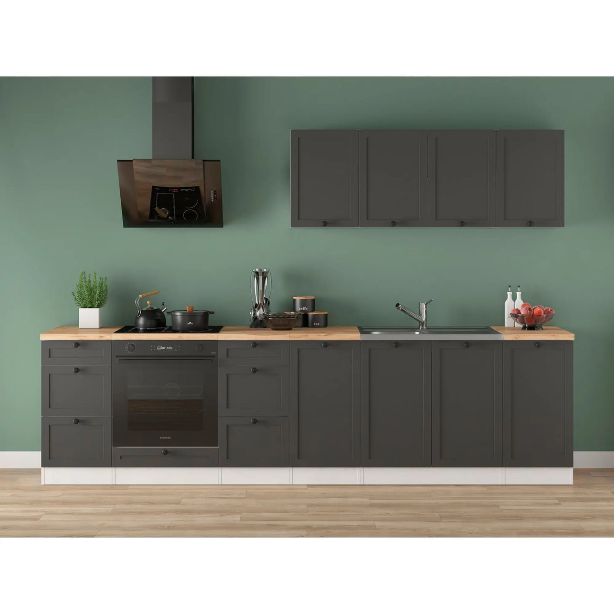 Set bucatarie JUNONA LINE, gri grafit/alb, PAL, 300 cm, cu blat stejar artisan