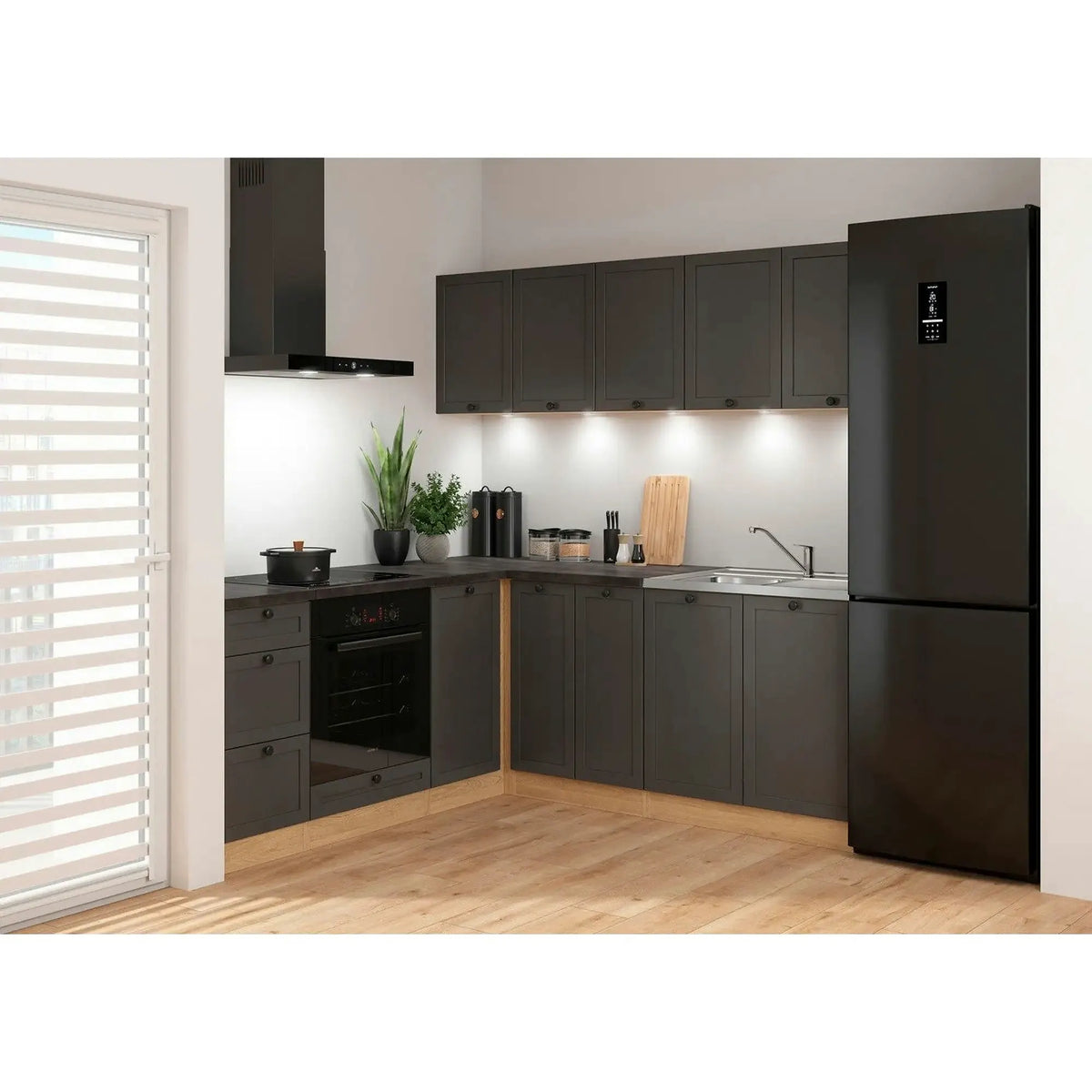 Set bucatarie JUNONA LINE, gri grafit/stejar, PAL, 200x200 cm, cu blat negru