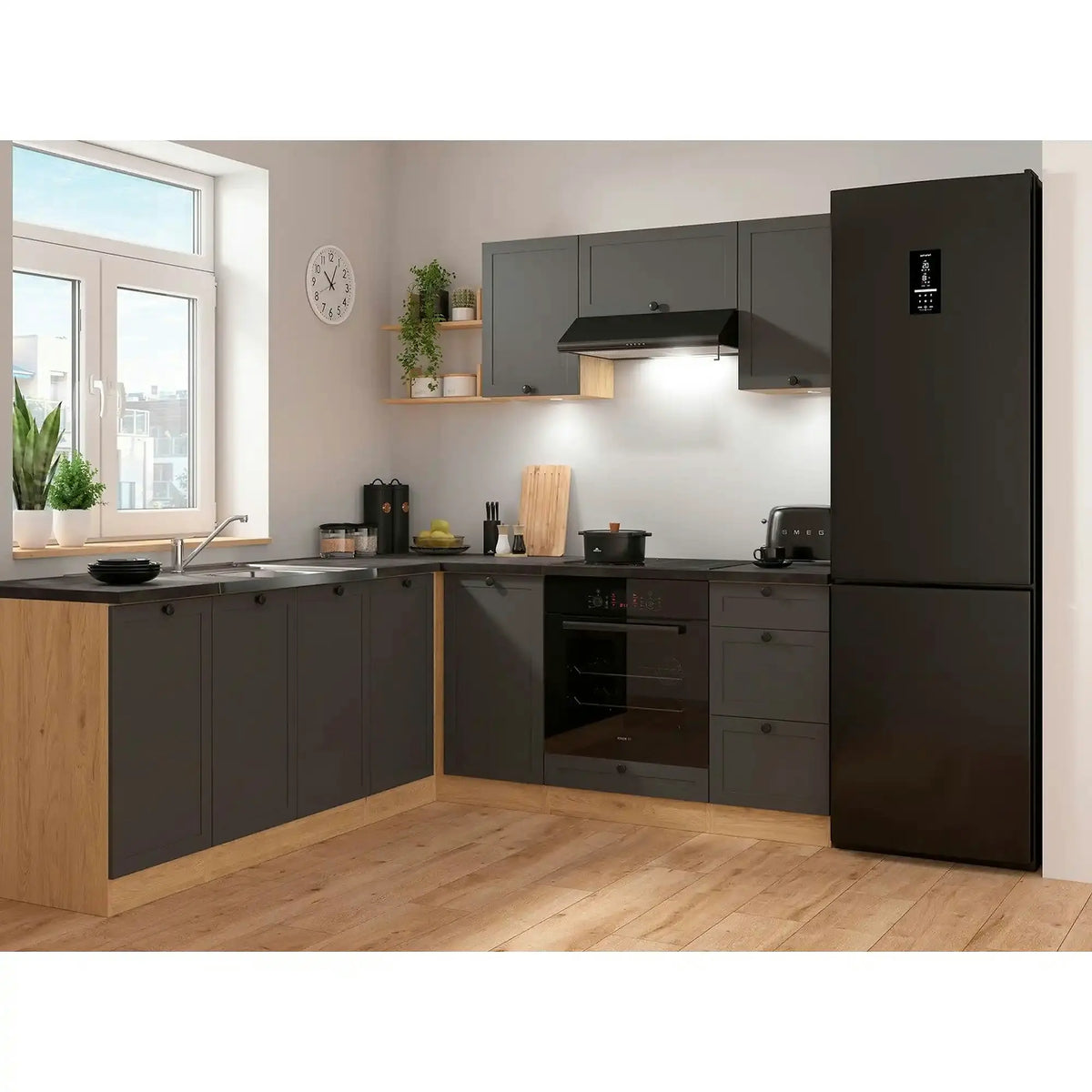 Set bucatarie JUNONA LINE, gri grafit/stejar, PAL, 200x220 cm, cu blat negru