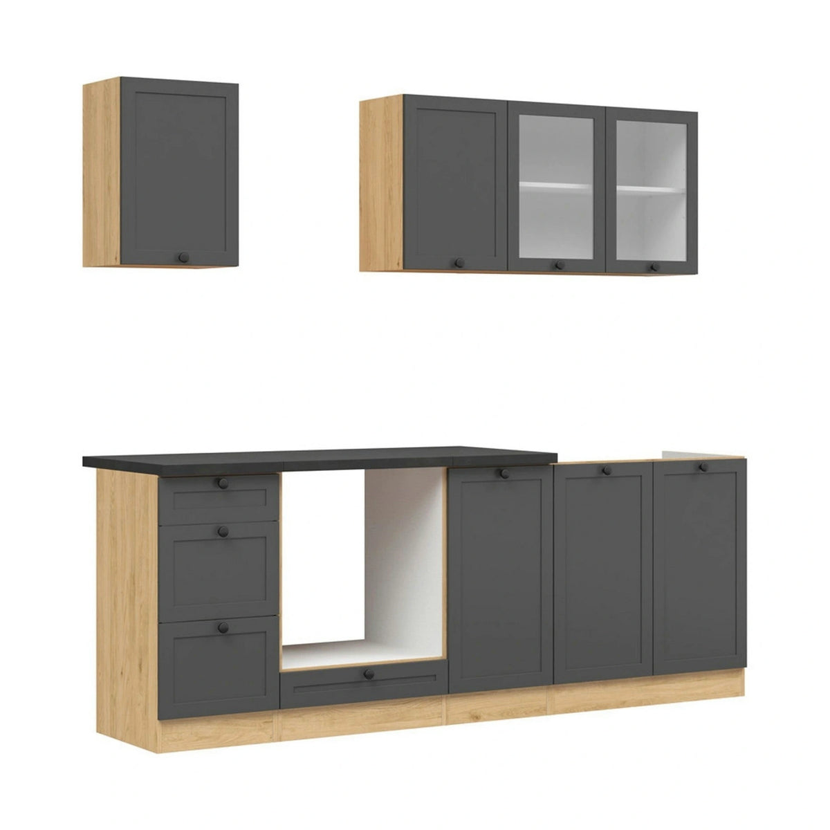 Set bucatarie JUNONA LINE, gri grafit/stejar, PAL, 220 cm, cu blat negru