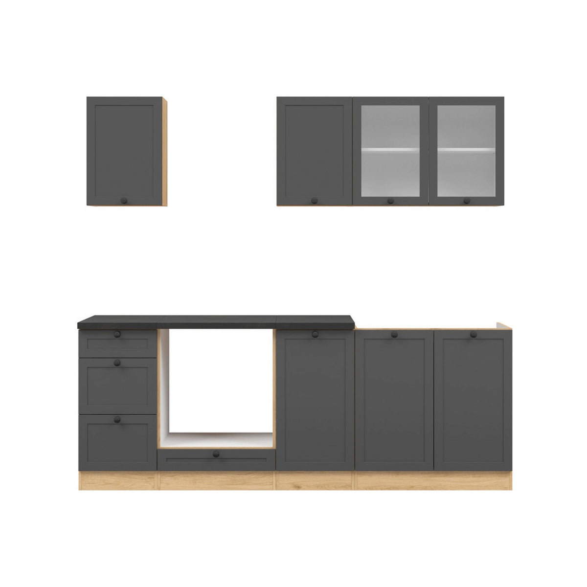 Set bucatarie JUNONA LINE, gri grafit/stejar, PAL, 220 cm, cu blat negru