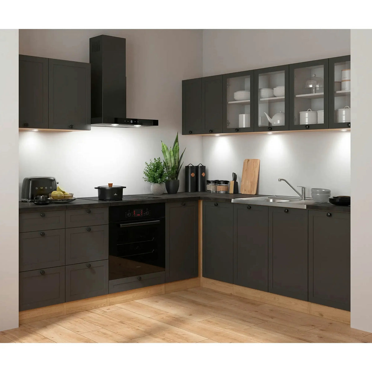 Set bucatarie JUNONA LINE, gri grafit/stejar, PAL, 220x240 cm, cu blat negru