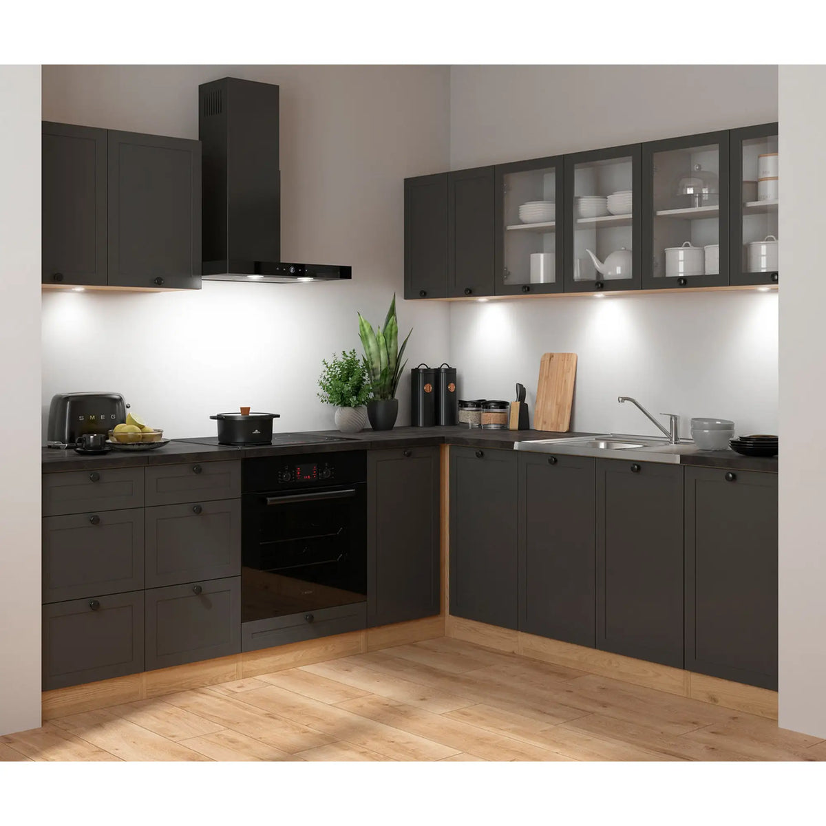 Set bucatarie JUNONA LINE, gri grafit/stejar, PAL, 220x240 cm, cu blat negru