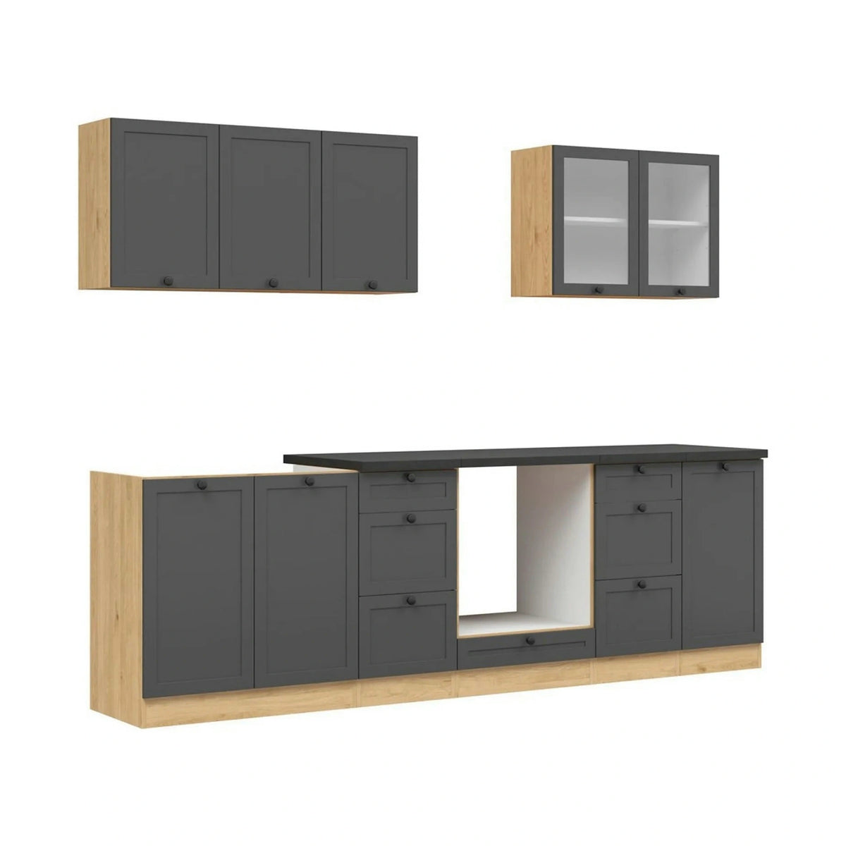 Set bucatarie JUNONA LINE, gri grafit/stejar, PAL, 260 cm, cu blat negru
