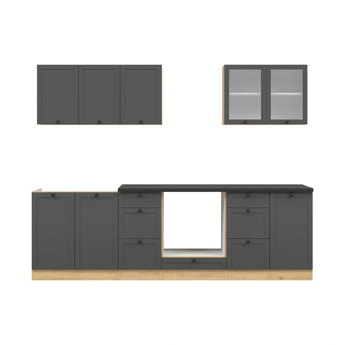 Set bucatarie JUNONA LINE, gri grafit/stejar, PAL, 260 cm, cu blat negru