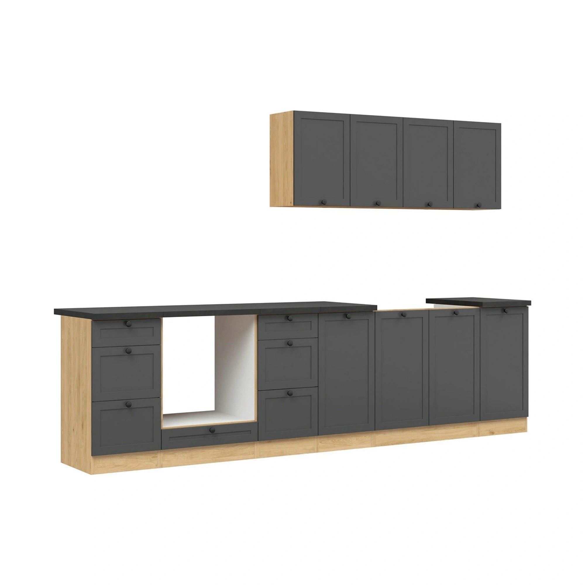 Set bucatarie JUNONA LINE, gri grafit/stejar, PAL, 300 cm, cu blat negru