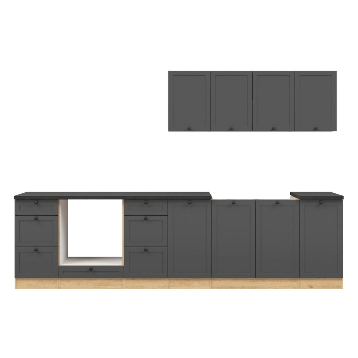 Set bucatarie JUNONA LINE, gri grafit/stejar, PAL, 300 cm, cu blat negru
