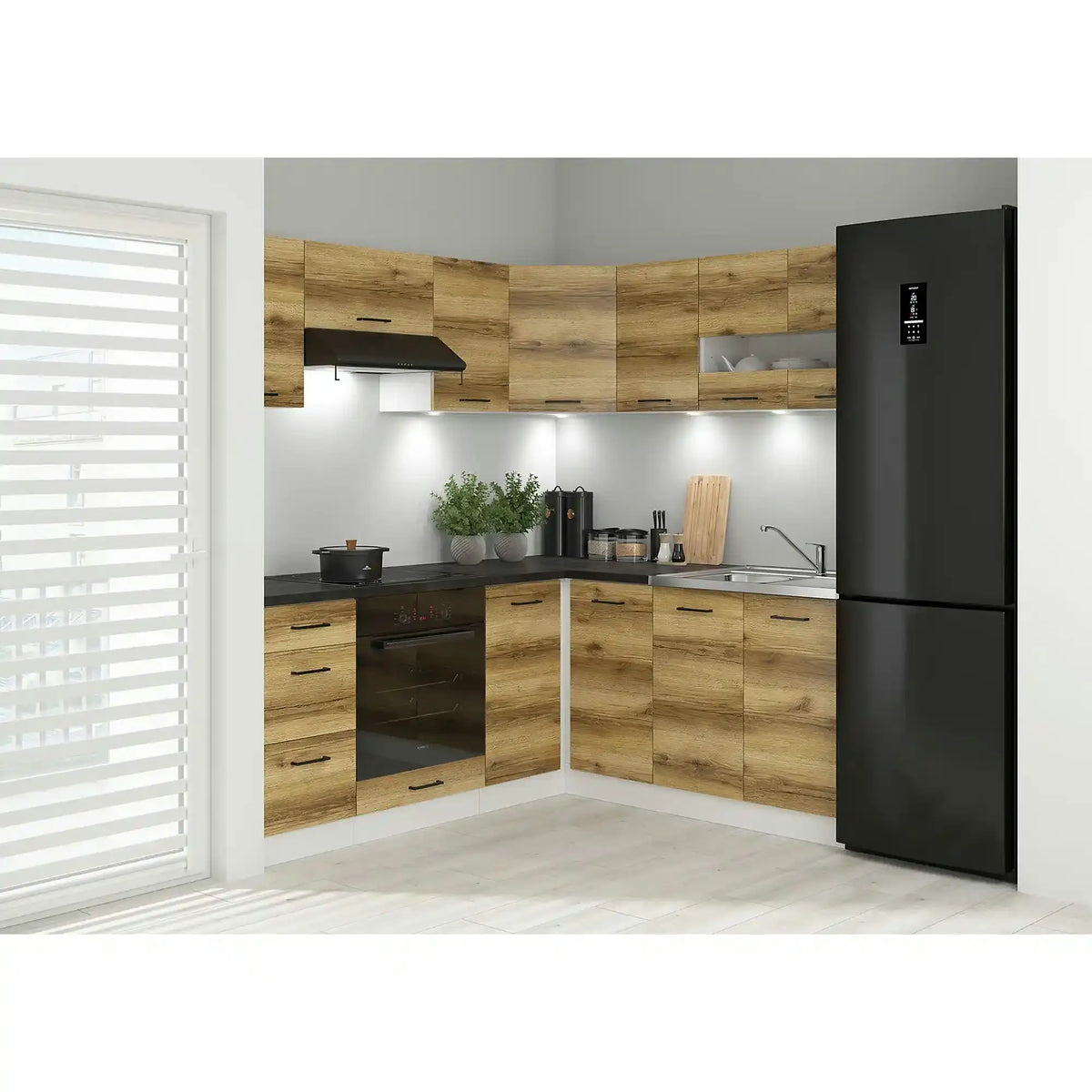 Set bucatarie JUNONA LINE, stejar delano/alb, PAL, 180x200 cm, cu blat negru