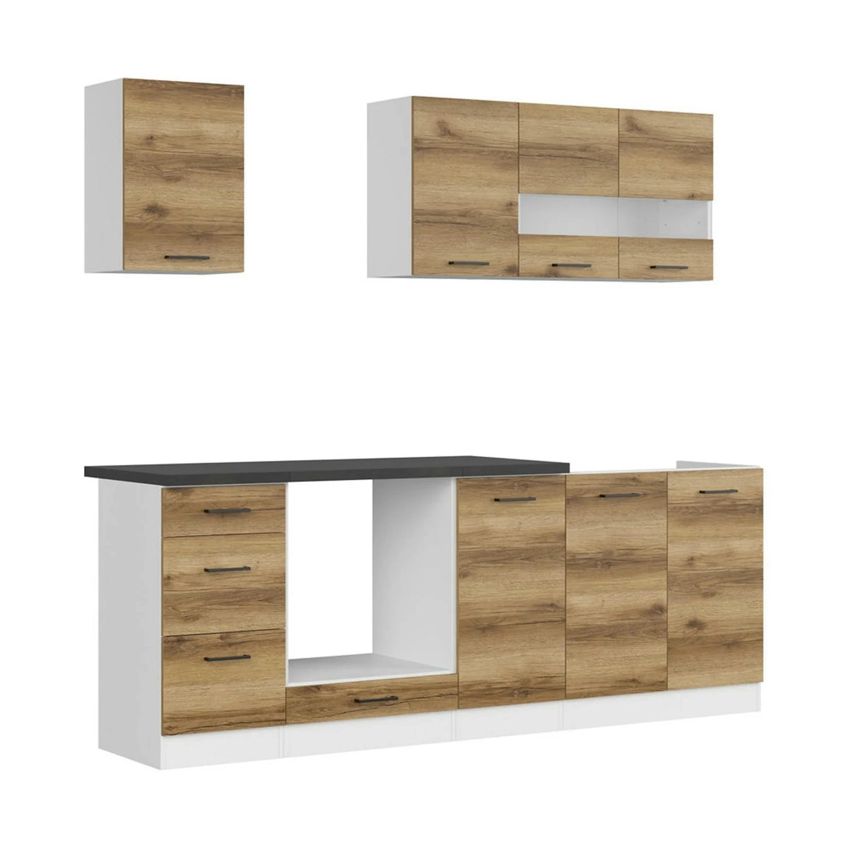 Set bucatarie JUNONA LINE, stejar delano/alb, PAL, 220 cm, cu blat negru