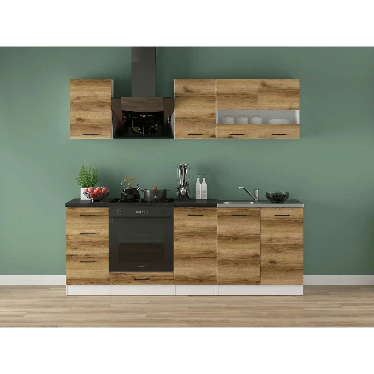 Set bucatarie JUNONA LINE, stejar delano/alb, PAL, 220 cm, cu blat negru
