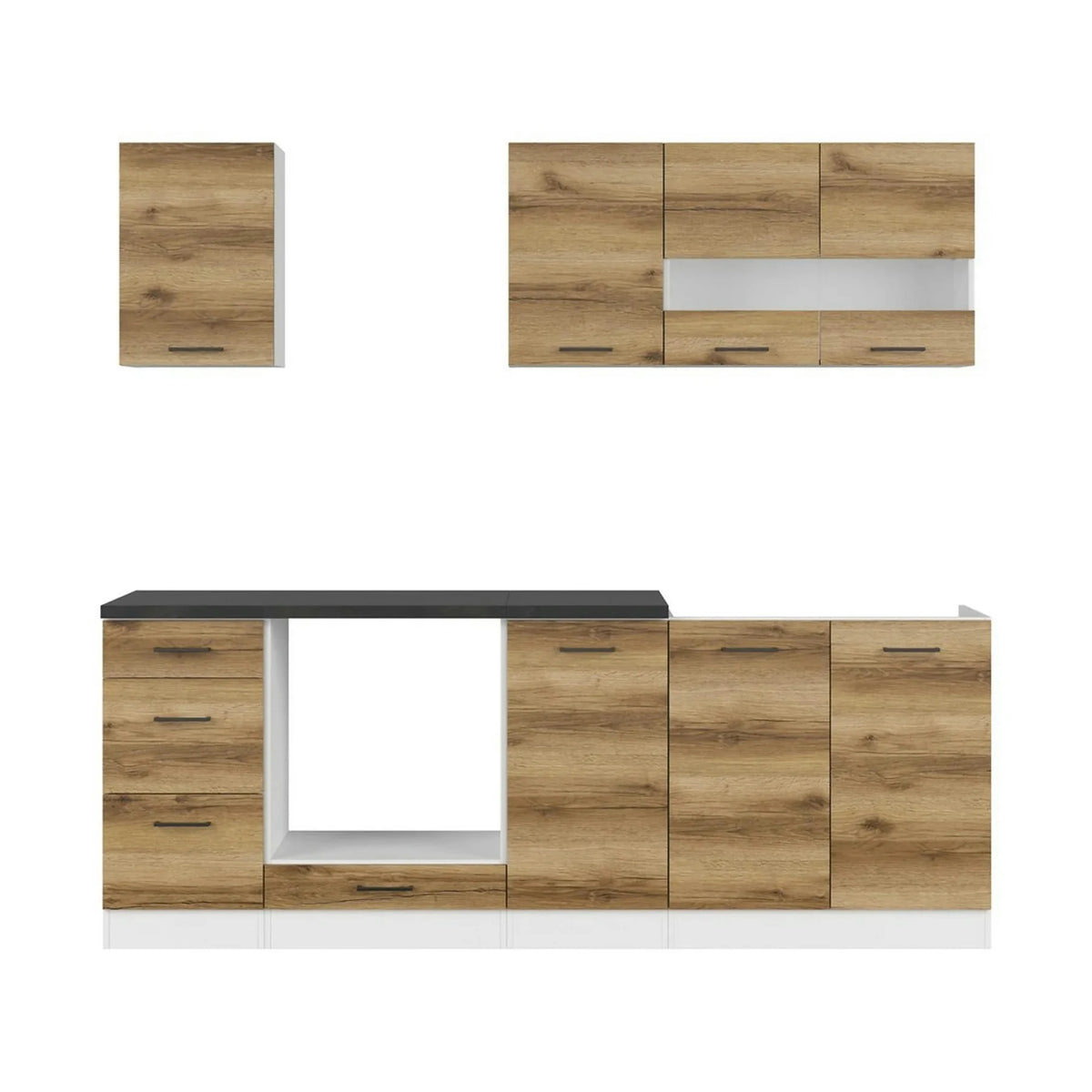 Set bucatarie JUNONA LINE, stejar delano/alb, PAL, 220 cm, cu blat negru