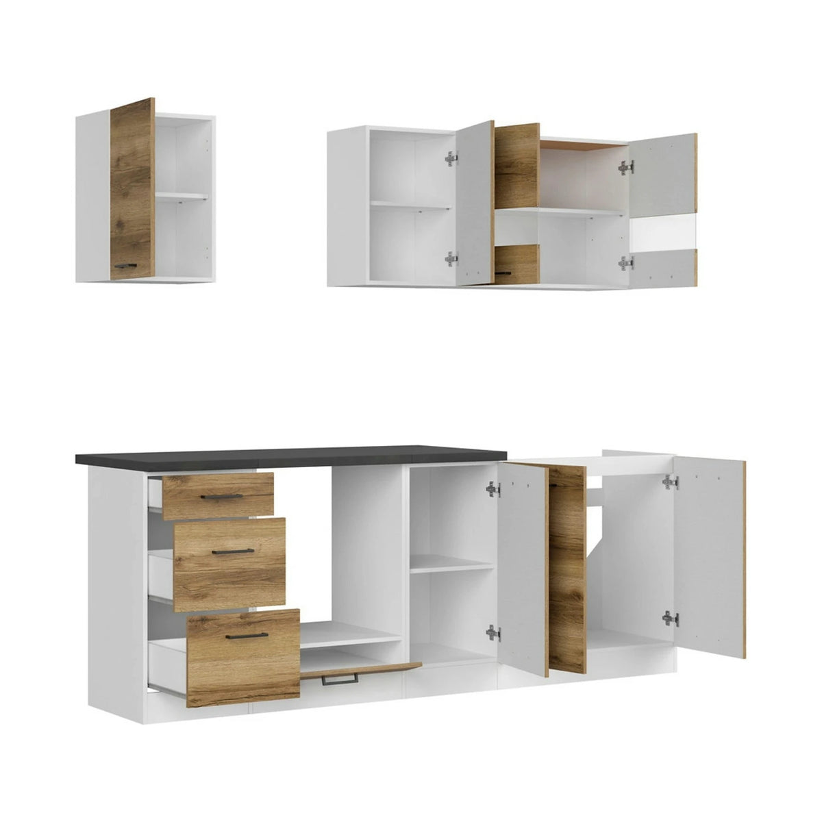 Set bucatarie JUNONA LINE, stejar delano/alb, PAL, 220 cm, cu blat negru