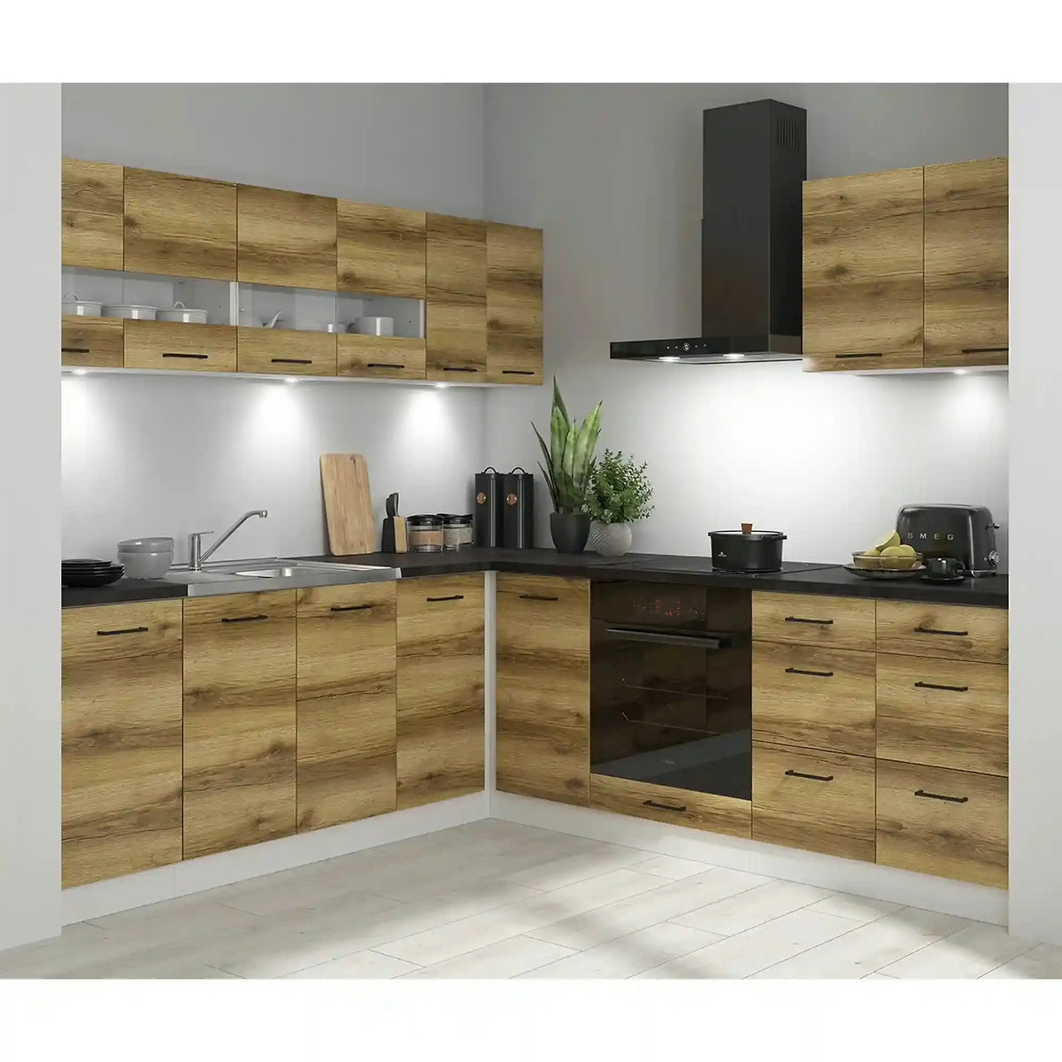 Set bucatarie JUNONA LINE, stejar delano/alb, PAL, 220x240 cm, cu blat negru
