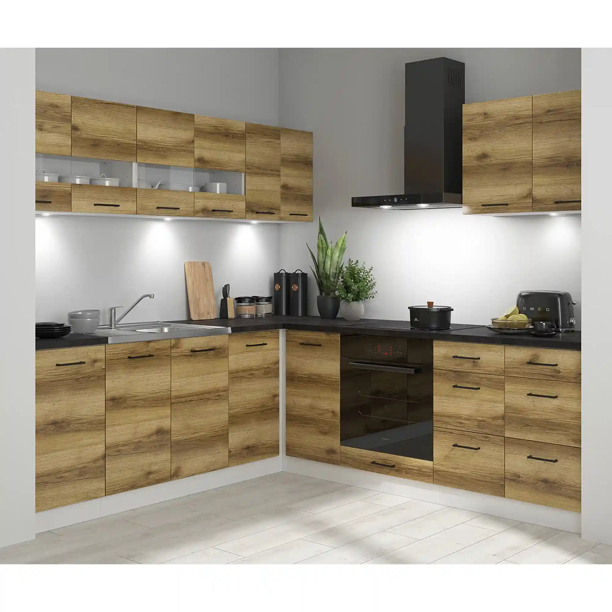 Set bucatarie JUNONA LINE, stejar delano/alb, PAL, 220x240 cm, cu blat negru